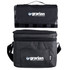 A black and grey cooler bag with a matching picnic blanket on top, featuring a logo.