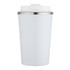 A drink bottle featuring a white exterior with a stainless steel lid and a logo. Double wall vacuum design.