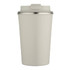A drink bottle featuring a cream-coloured double wall design with a stainless steel rim and a lid. It has a logo.