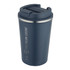 A drink bottle in navy blue with a stainless steel rim and a lid, featuring a logo design.