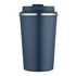 A drink bottle in dark blue with a stainless steel rim and a lid, featuring a logo.
