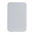 A rectangular silver power bank with rounded edges, featuring a simple design and a logo.