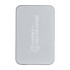 A silver power bank with a minimalist design and a logo. It features rounded corners and a sleek finish.