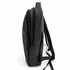 A black soft PU backpack featuring a slim profile and multiple zippered compartments. It includes adjustable straps and a logo.