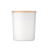 A white ceramic container with a bamboo lid, featuring a minimalist design and a logo on the side.