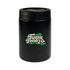 A black drink bottle with a logo, featuring a cylindrical design suitable for festive occasions.