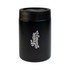 A black drink bottle with a silver logo, featuring a sleek, cylindrical design.
