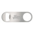 A silver bottle opener with a circular cutout and an engraved logo. Simple and sleek design.