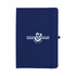 A navy A5 journal with an elastic closure and a logo on the front cover.