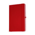 A red A5 journal with a hardcover and an elastic band closure, featuring a logo on the front.