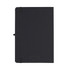 A black A5 journalbook with a textured cover and an elastic closure, featuring a logo on the front.