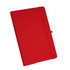 A red A5 journal book with an elastic closure and a logo on the cover.