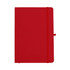A red A5 journal with a matching elastic band closure and a bookmark, featuring a logo on the cover.