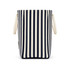 A striped tote bag in navy and white with two carry handles and a simple branding tag.