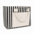 A striped tote bag with black and cream colours, featuring a front pocket and two top handles.