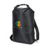 A black 20L dry bag with adjustable straps and a logo featuring multi-coloured houses.