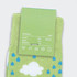 A pair of green knitted socks with cloud and raindrop patterns, featuring a tag with material and size details.