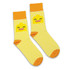A pair of yellow knitted socks featuring a playful duck design with an orange band and zigzag pattern.