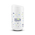 A white drink bottle featuring a playful design with various colourful squiggles and a logo.
