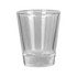 A clear glass shot glass with a tapered design and a solid base.