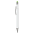 A white pen with a silver clip and a green top, featuring a logo on the body.
