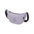 A lavender waist bag with a black strap and a branded logo, featuring text on the front.