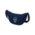 A navy waist bag with a smooth surface, featuring a logo and spacious zippered compartment.
