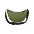 An olive green waist bag with a black adjustable strap and a zippered compartment. It features a logo.