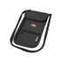 A grey recycled travel pouch with a strap, featuring multiple zippered pockets and a logo.