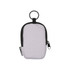 A small pouch in grey with a black zip and loop for attachment, featuring a logo. Made from recycled materials.