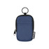 A small navy blue pouch with a keyring and zipper, made from recycled polyester, featuring a logo.