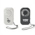 A mini pocket fan in black and white, each with a wrist strap and decorative branding.