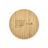 A round wireless charger made of bamboo, featuring a smooth, natural wood finish and a logo.