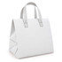 A white cooler bag with structured sides and patterned handles. It features a simple design and includes a logo.