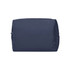 A navy blue toiletry bag with a zip closure and side pocket, featuring a logo.