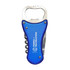 A drink bottle opener in blue with a corkscrew and a silver bottle opener. Features a logo on one side.