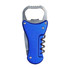 A drink bottle opener with a blue metallic handle, featuring a corkscrew and a bottle cap opener. Includes a logo.