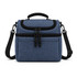 A blue cooler bag with a zippered top, carrying handle, and adjustable shoulder strap. It features a front pocket and branding.