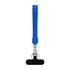 A blue wrist tactile phone holder keytag with a textured grip and a metal clip for attachment.