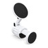 A white phone holder with adjustable arms and black adhesive pads for secure grip. It has a simple, modern design.