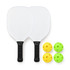 A pickleball set featuring two paddles with black grips and four balls in yellow and green.