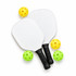 Two white pickleball paddles with black grips and three colourful balls in yellow and green surrounding them.