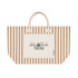 A tan and cream striped tote bag features a front pocket and handles, with a subtle logo displayed.