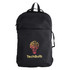 A black backpack featuring a logo with a light bulb design and multicoloured elements.