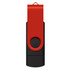 A red and black dual flash drive with a swivel design and a logo on the side.