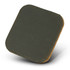 A square wireless charger in olive green with a stitched leather finish and a textured surface.