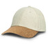 A six-panel cap featuring a light beige fabric upper and a cork visor, complete with a logo on the side.