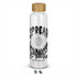 A drink bottle with a clear glass body and a bamboo lid, featuring black text and floral designs.
