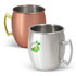 Two Cossack mule mugs, one in copper with a handle and one in stainless steel featuring a logo, both showcasing a sleek design.