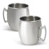 A drink mug set in stainless steel with a curved shape and a large handle, featuring a simple design.